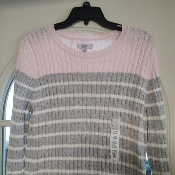 New Croft & Barrow Pink Crew Neck Gray White Striped Sweater Size Women's M - Picture 2 of 2